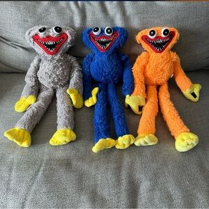 Poppy Playtime Huggy Wuggy Plush Lot Of 3 Scary Smile Blue, Orange & Gray